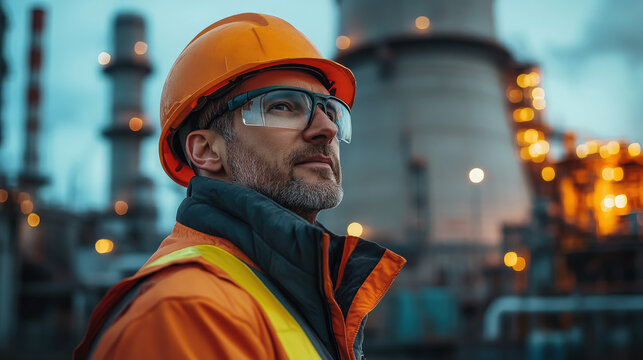 Nuclear industry worker against the background of a nuclear power plant, physicist, employee portrait, man, pipes, technology, equipment, science, scientist, uniform, helmet, builder, engineer