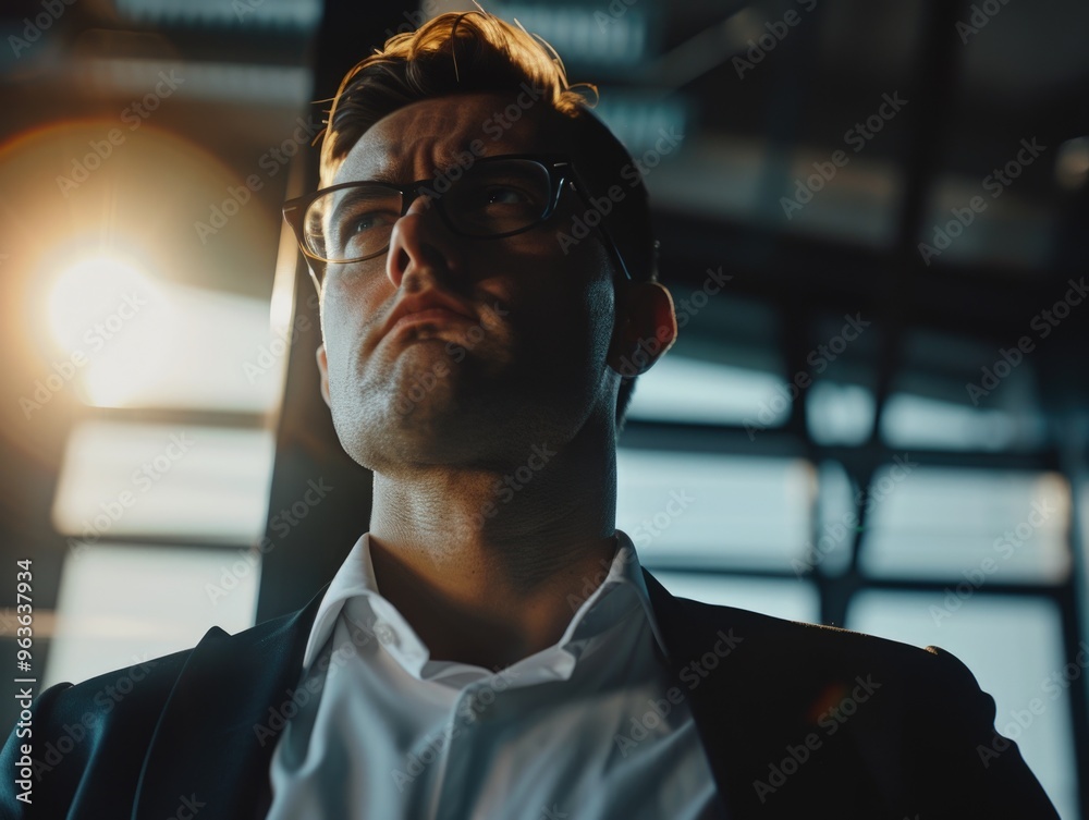 Poster a man wearing glasses and a suit is looking at the camera with a frown on his face. concept of serio