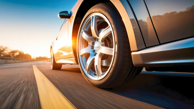 Close-up of a car wheel speeding down a highway at sunset, with the road and motion blur in the background