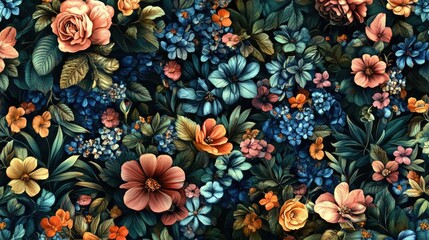 Fototapeta premium A colorful floral pattern with a blue background. The flowers are in various shades of pink, yellow, and blue