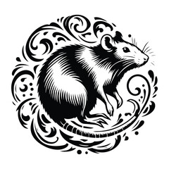 Obraz premium rat with victorian flourish decoration, stencil logo, black and white animal illustration