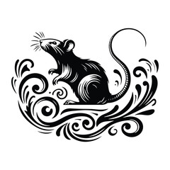 rat with victorian flourish decoration, stencil logo, black and white animal illustration
