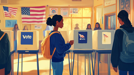Young african american woman exercises her right to vote at a polling place, actively participating in the democratic process