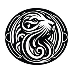 Fototapeta premium Seal with art nouveau decoration, stencil logo, black and white animal illustration