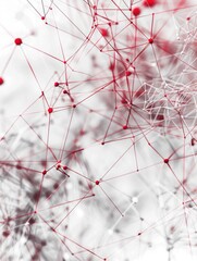 A red and white image of a web of lines and dots. The image is abstract and has a sense of chaos and complexity