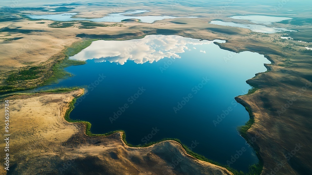 Wall mural Expansive aerial view of shrinking lakes in drought-prone areas, reflecting the dwindling freshwater reserves.