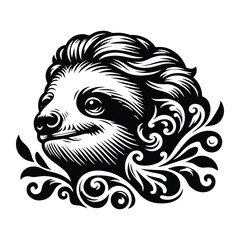 Fototapeta premium Sloth with victorian flourish decoration, stencil logo, black and white animal illustration