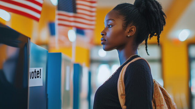 Young woman voting at a polling place with the american flag in the background, symbolizing civic duty and the importance of her voice in shaping the future