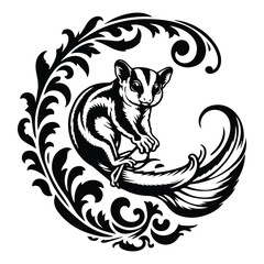 Sugar glider with victorian flourish decoration, stencil logo, black and white animal illustration