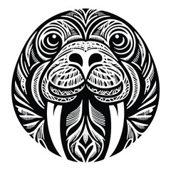 Fototapeta premium Walrus in zentangle art, stencil logo, black and white animal illustration
