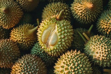 A bunch of unripe durians with one of them cut open. The durians are all different sizes and shapes