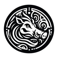 Warthog with art nouveau decoration, stencil logo, black and white animal illustration