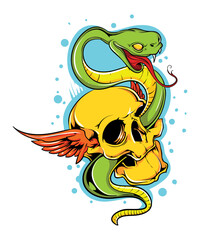 Snake On Skull, vector art character graphic drawing illustration for stickers, streetwear, t-shirts, logos, print-on-demand, print, or branding
