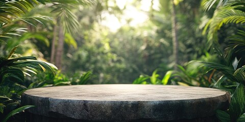 A round stone table with a lush green background. The table is empty and the background is full of trees and plants