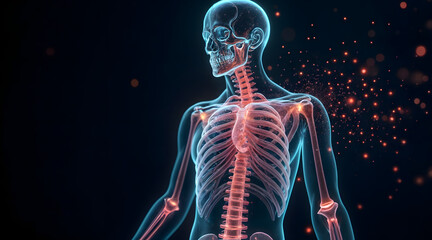 3D holographic human skeleton with illuminated spine and shoulder points
