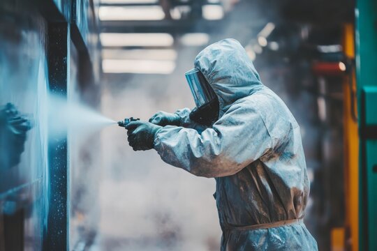 A skilled technician, wearing protective gear, applies bright industrial paint in a facility, ensuring longlasting durability and corrosion resistance for various metal components