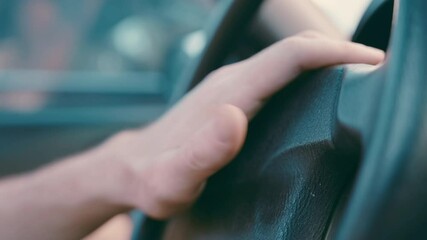 Nervous Driver Tapping Horn Area: Close-up of Anxious Finger on Steering Wheel Center | Traffic Jam Stress and Impatience | Car Interior Tension | Emotional Commute Struggle
