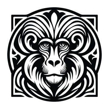 recommend clip art: baboon monkey with art nouveau decoration, stencil logo, black and white animal illustration