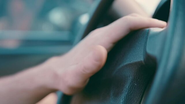Nervous Driver Tapping Horn Area: Close-up of Anxious Finger on Steering Wheel Center | Traffic Jam Stress and Impatience | Car Interior Tension | Emotional Commute Struggle