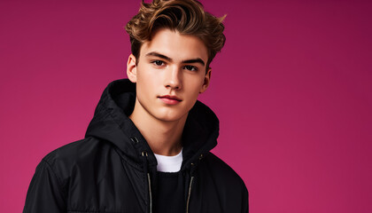 Fototapeta premium Young Caucasian man in a black jacket poses confidently against a vibrant pink background for fashion-focused promotions