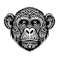 Obraz premium Chimpanzee monkey in zentangle art, stencil logo, black and white animal illustration