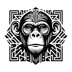 Obraz premium Chimpanzee monkey with art deco decoration, stencil logo, black and white animal illustration