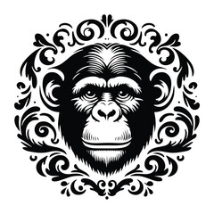 Obraz premium Chimpanzee monkey with victorian flourish decoration, stencil logo, black and white animal illustration