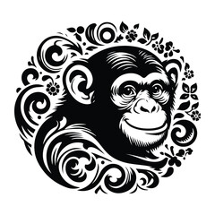 Obraz premium Chimpanzee monkey with victorian flourish decoration, stencil logo, black and white animal illustration