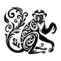 Obraz premium Colobus monkey with victorian flourish decoration, stencil logo, black and white animal illustration