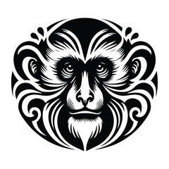 Colobus monkey with art nouveau decoration, stencil logo, black and white animal illustration