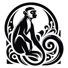 Colobus monkey with art nouveau decoration, stencil logo, black and white animal illustration