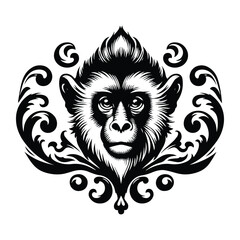 Colobus monkey with victorian flourish decoration, stencil logo, black and white animal illustration