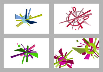 Volumetric multi-colored geometric shapes. Abstract geometry. Set of 4 designs. Background or cover design, vector.