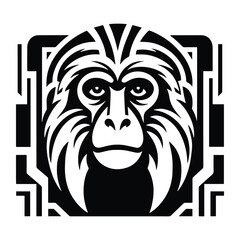 Fototapeta premium galada monkey with art deco decoration, stencil logo, black and white animal illustration