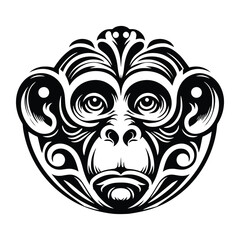 galada monkey with art nouveau decoration, stencil logo, black and white animal illustration