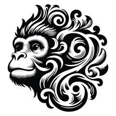 Fototapeta premium galada monkey with victorian flourish decoration, stencil logo, black and white animal illustration