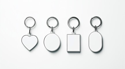 3D rendering of a blank silver keychain mockup set, top view. Clear silvery circular, square, rhombus, and heart keychain design mockup, isolated. Empty plain keyring holder template for souvenirs