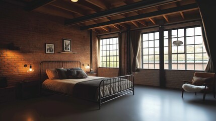 Fototapeta premium Loft bedroom with metal bed and exposed brick walls