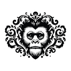 Fototapeta premium Gibbon monkey with victorian flourish decoration, stencil logo, black and white animal illustration