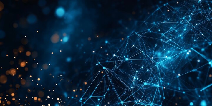 This vibrant futuristic background features intricate network connections and glowing particles in blue and yellow tones, enhancing depth and visual appeal for a unique viewer experience