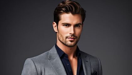Obraz premium Handsome Caucasian man in a stylish suit, symbolizing confidence and elegance, perfect for business or fashion concepts