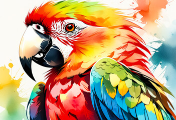 A vibrant, colorful parrot watercolor illustration, ideal for art concepts, wildlife appreciation, and tropical-themed events