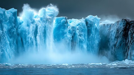 A collapsing glacier pouring into the ocean, visually depicting the rapid meltdown happening in polar regions due to unchecked global warming and its devastating impacts.