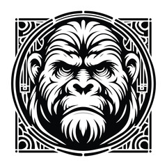 Obraz premium gorilla monkey with art nouveau decoration, stencil logo, black and white animal illustration