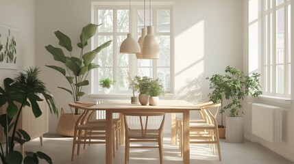 Fototapeta premium Scandinavian dining room with light wood furniture and houseplants