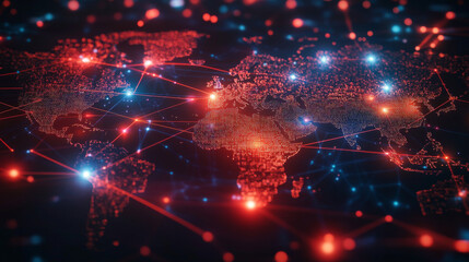 Fototapeta premium Illustrate a virtual map with interconnected points representing global locations, linked by digital lines to symbolize the worldwide reach and scale of online businesses.