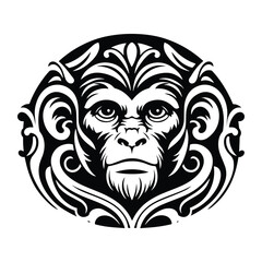 Obraz premium monkey with art nouveau decoration, stencil logo, black and white animal illustration