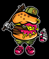 Funky Burger with a Bat, vector art character graphic drawing illustration for stickers, streetwear, t-shirts, logos, print-on-demand, print, or branding