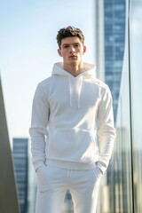 Modern Simplicity: A Male Model inWhite Hoodie Exuding Urban Elegance and Calm