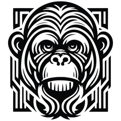 orangutan monkey with art deco decoration, stencil logo, black and white animal illustration